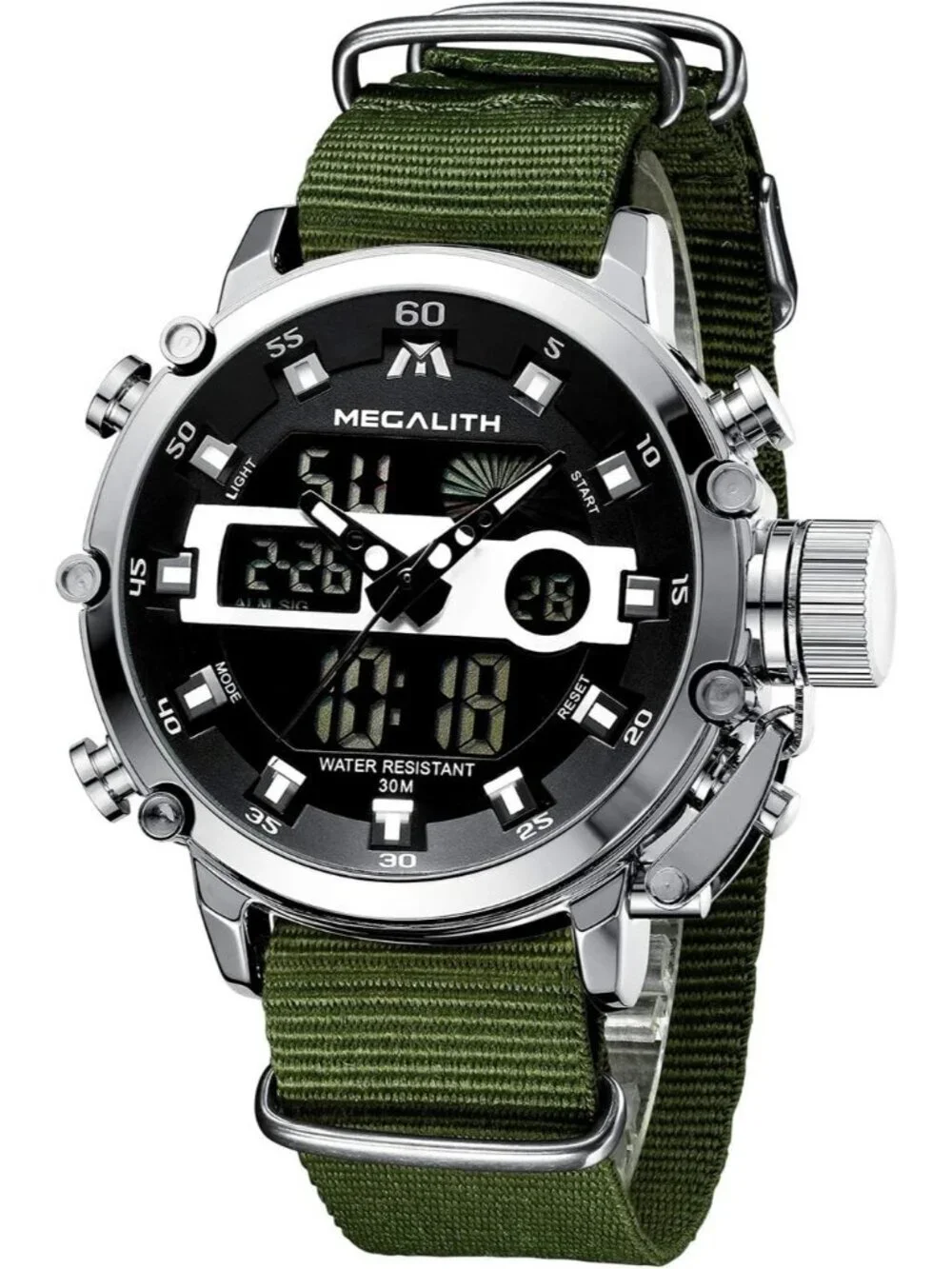 Mens Green And Silver Analog Nylon Strap Waterproof Multifunction Digital Watch